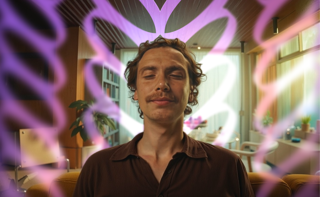 Daltn campaign: a person at their desk, framed by the purple orbital identity